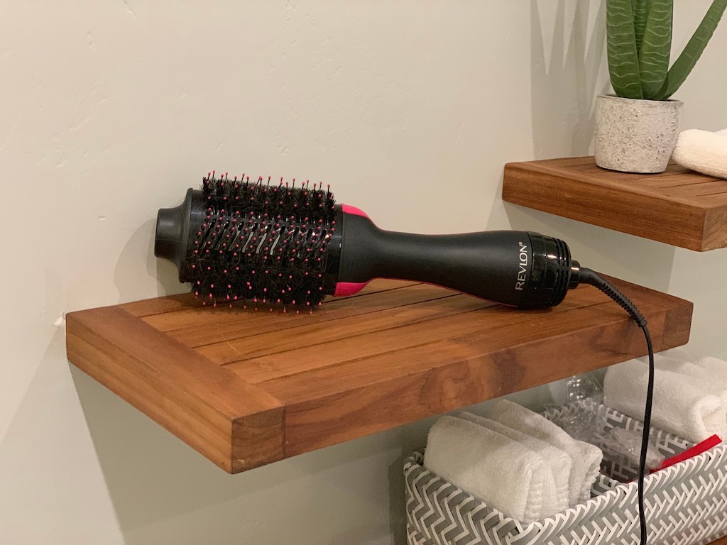 Revlon One Step Hair Dryer on Bathroom shelf
