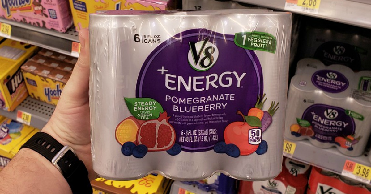 hand holding V8 + Energy drinks
