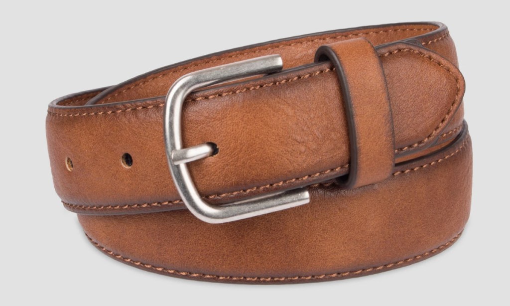 brown faux leather belt with white background