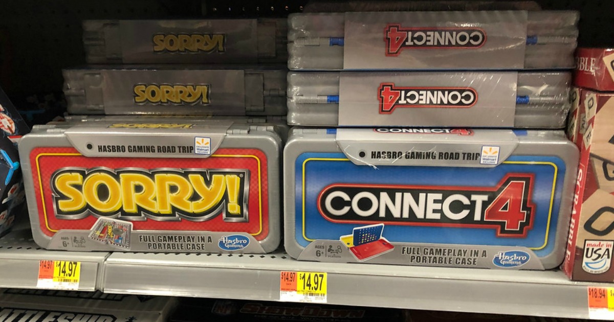 sorry and connect 4 travel games on a store shelf
