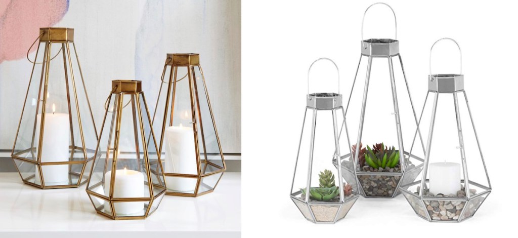 side by side stock photos of gold and nickel glass lanterns