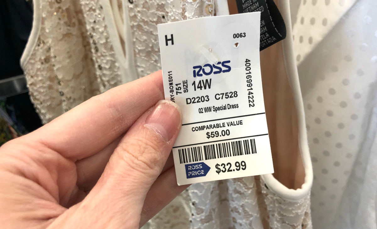 Ross ivory prom dress label showing "comparable value" pricing