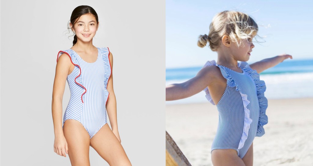girls wearing a one piece striped blue and white bathing suit