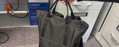 Woman holding the handle of a black All in Motion Tote