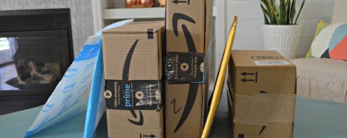 Amazon Boxes on table in living room