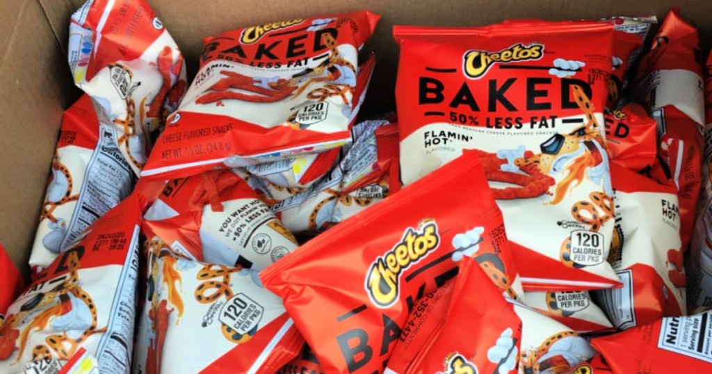 bags of flamin hot baked cheetos in a box