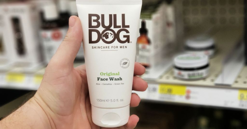 hand holding Bulldog face wash