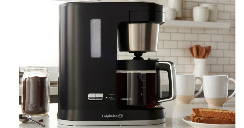calphalon coffee maker on counter of kitchen