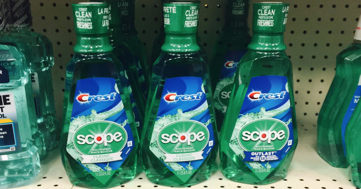 bottles of Crest Mouthwash on a store shelf