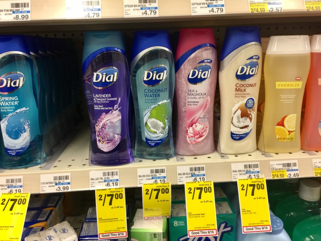 shelf of dial body wash at cvs
