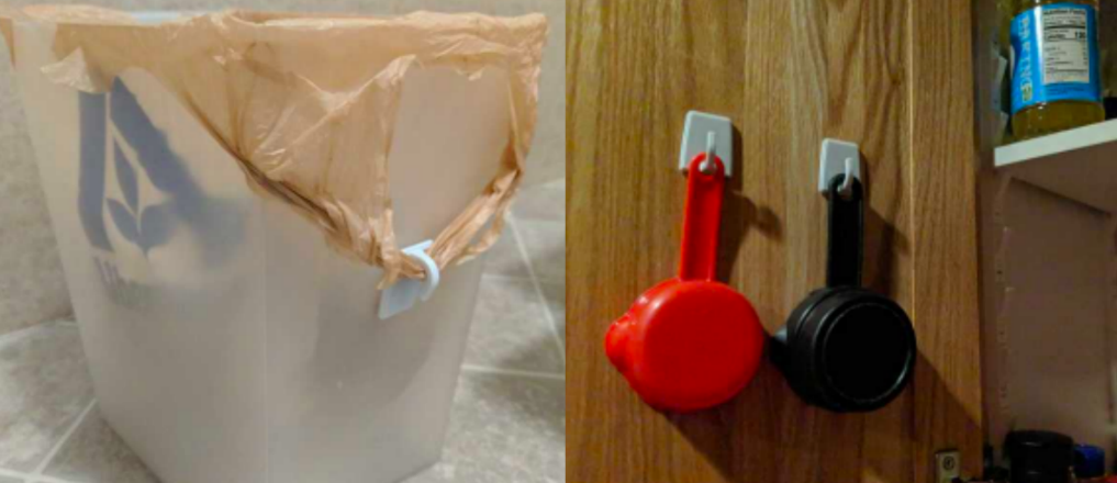 using removable hooks to hold garbage bags and measuring cups