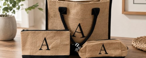 Initial Tote Bag Set on wooden tabletop