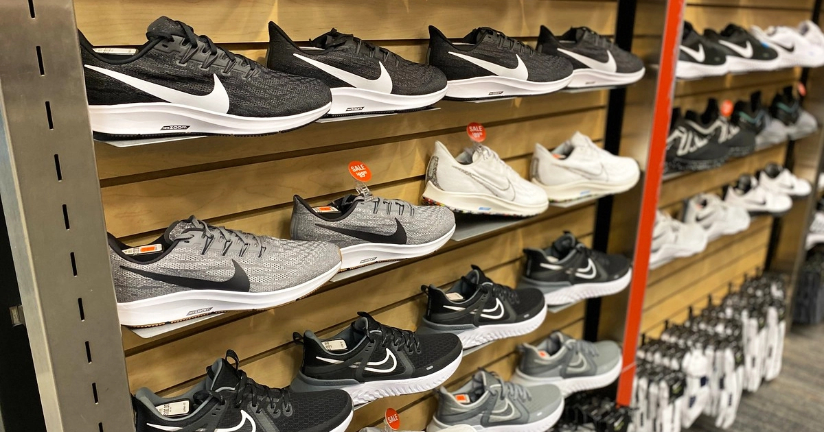 Display of Nike shoes on a wall