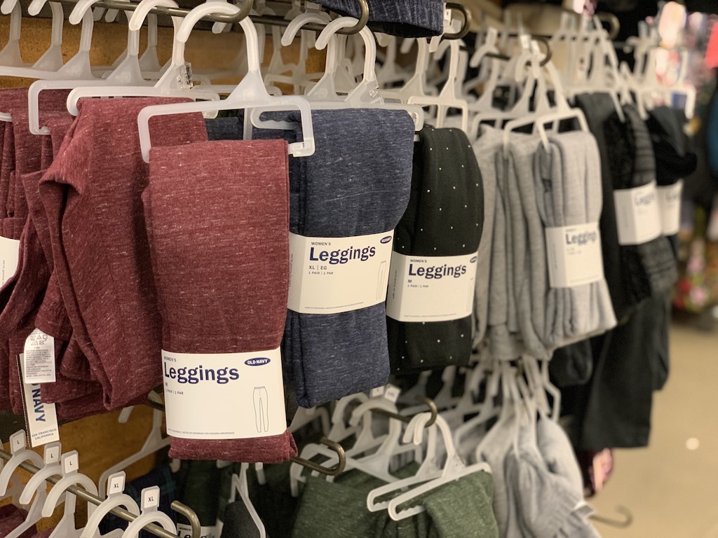 old navy leggings hanging in store