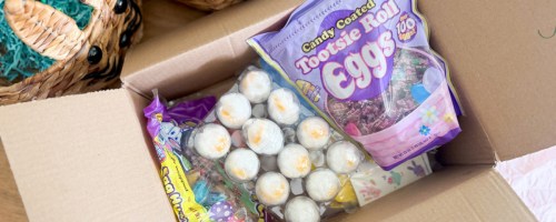 Box of Easter, candy and decor