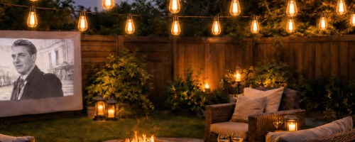 Outdoor string lights hanging across patio