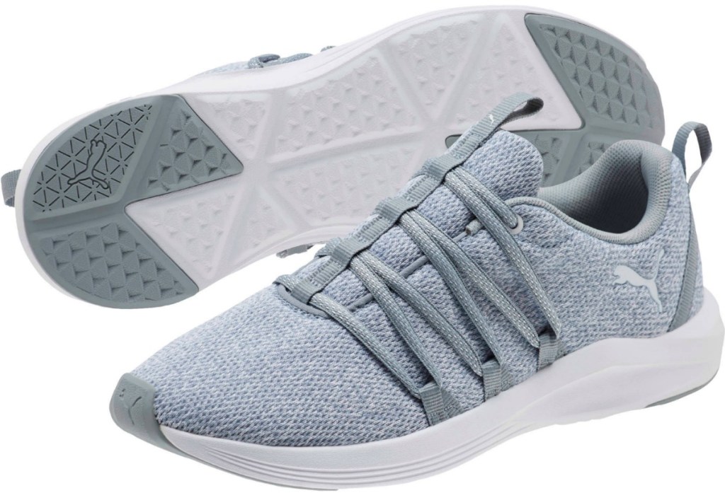 gray Puma running shoes with thick gray laces