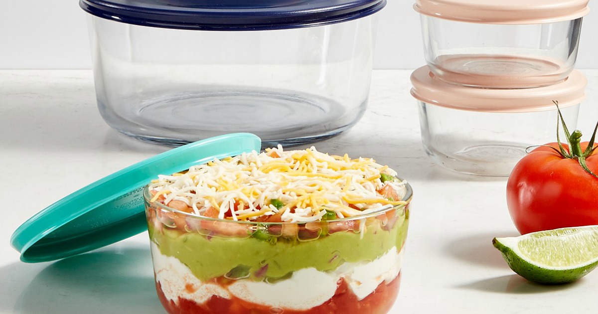 Pyrex container with taco dip