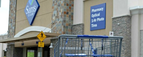 Sam's Club warehouse store front with shopping cart outside