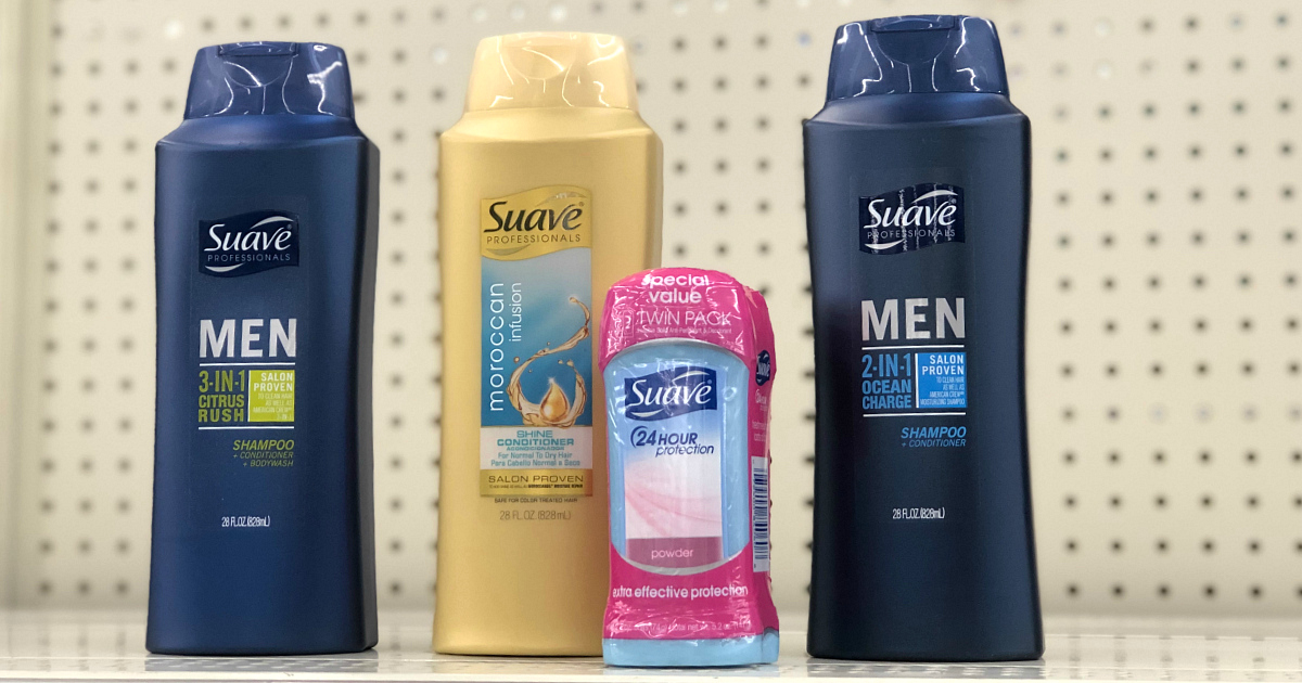 Suave shampoos and deodorant on a store shelf