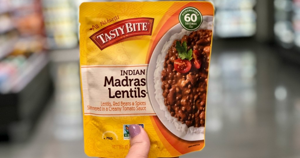Tasty Bite Madras Lentils bag held up for display