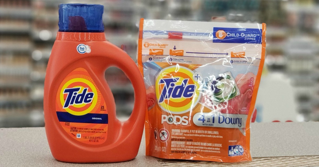 Tide laundry detergent bottle and bag of Pods