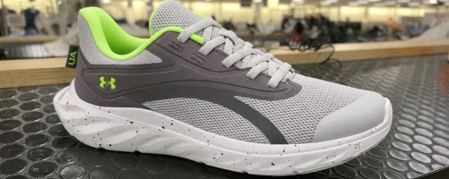 Under Armour Boys Pre-School Ascend Running Shoes sitting on store display shelf