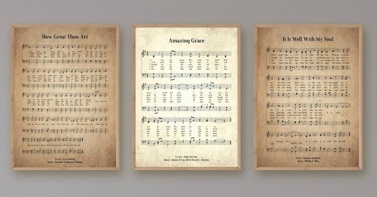 vintage hymn prints on wall
