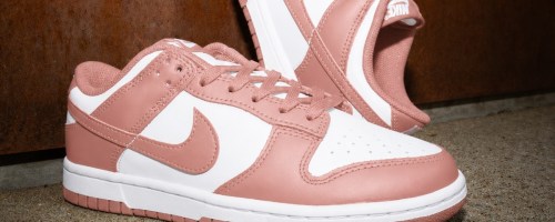 pair of nike dunk low women's shoes sitting on concrete and leaning against wall in a mauve color