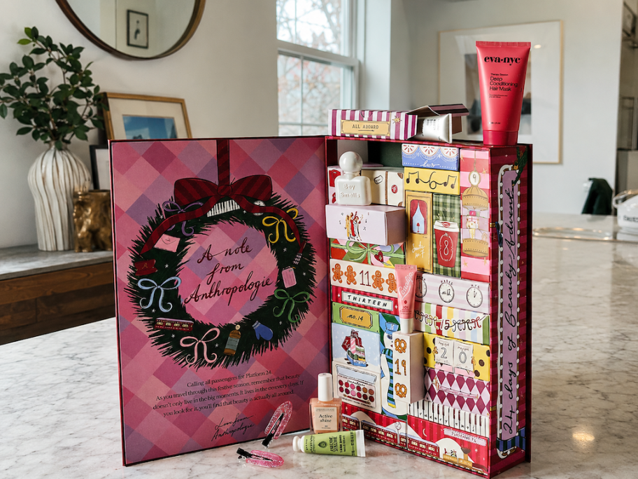 Anthropologie Beauty advent calendar on a kitchen counter