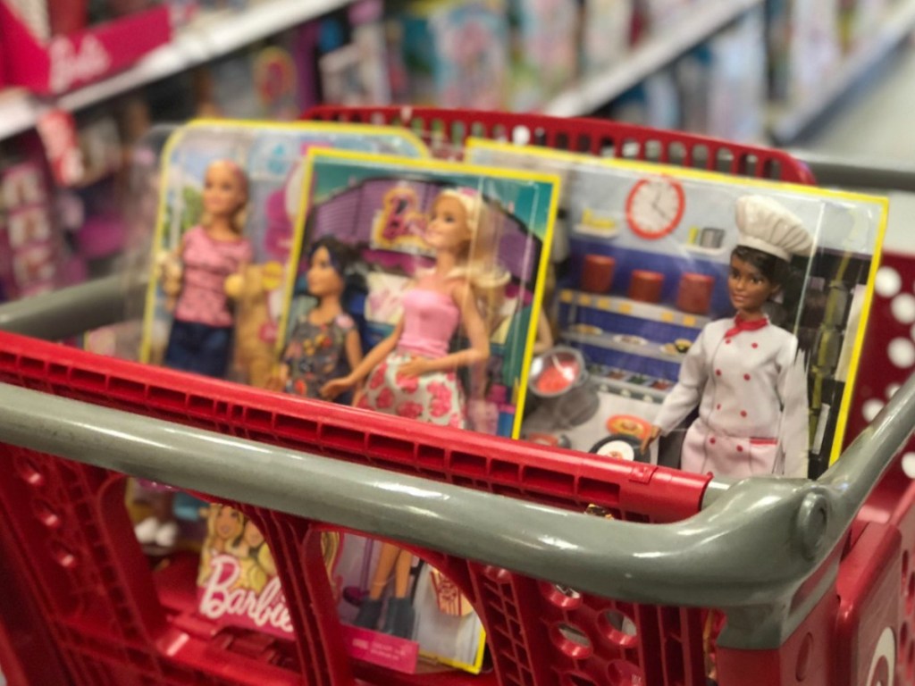 Barbie dolls in a target cart