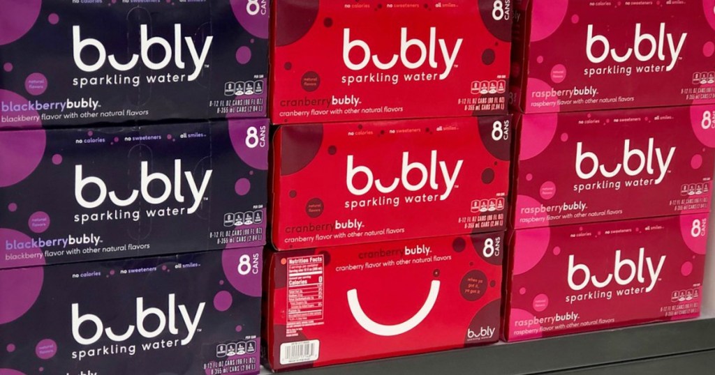 Bubly water 8-packs stacked in store