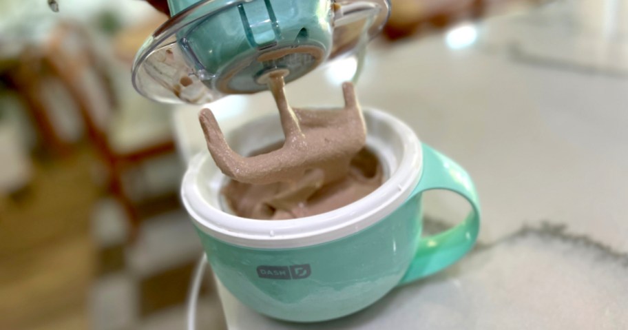 mixing paddle from a my mug ice cream maker with chocolate ice cream on it