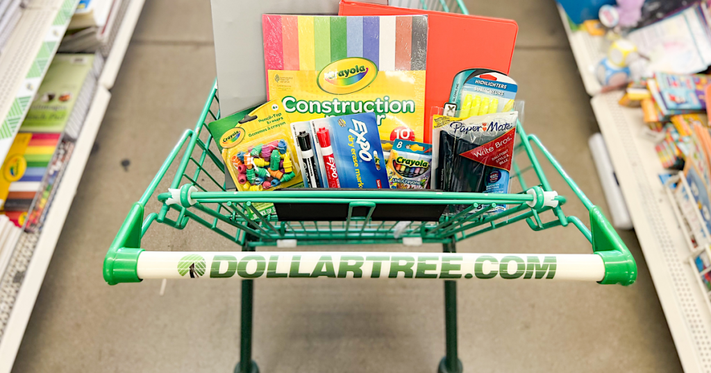 Dollar Tree school supplies in cart