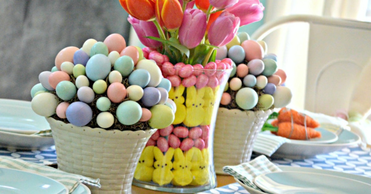Easter peeps craft idea as a centerpiece on the table