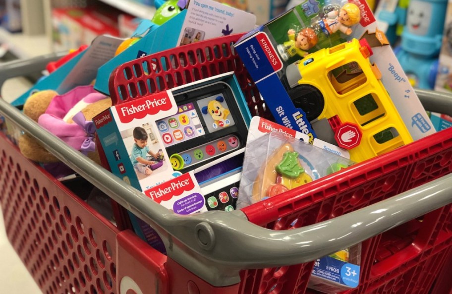 red shopping cart full of toys