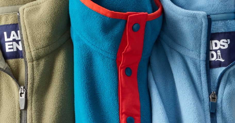 Different colored lands end fleece side-by-side