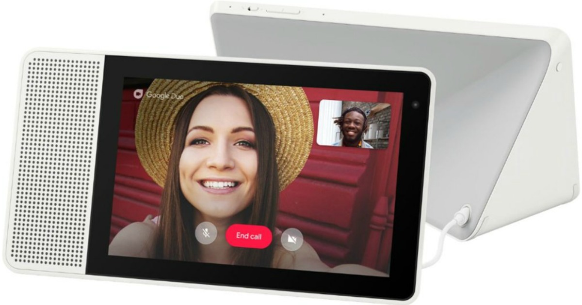 lenovo smart display device showing a woman and man on the screen