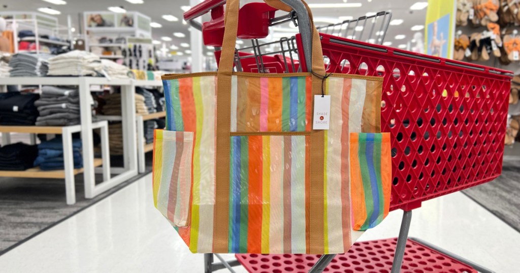 stripe mesh bag hanging from target cart