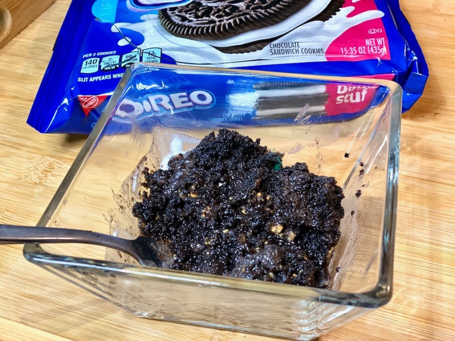 a bowl of Oreo mug cake made in the microwave