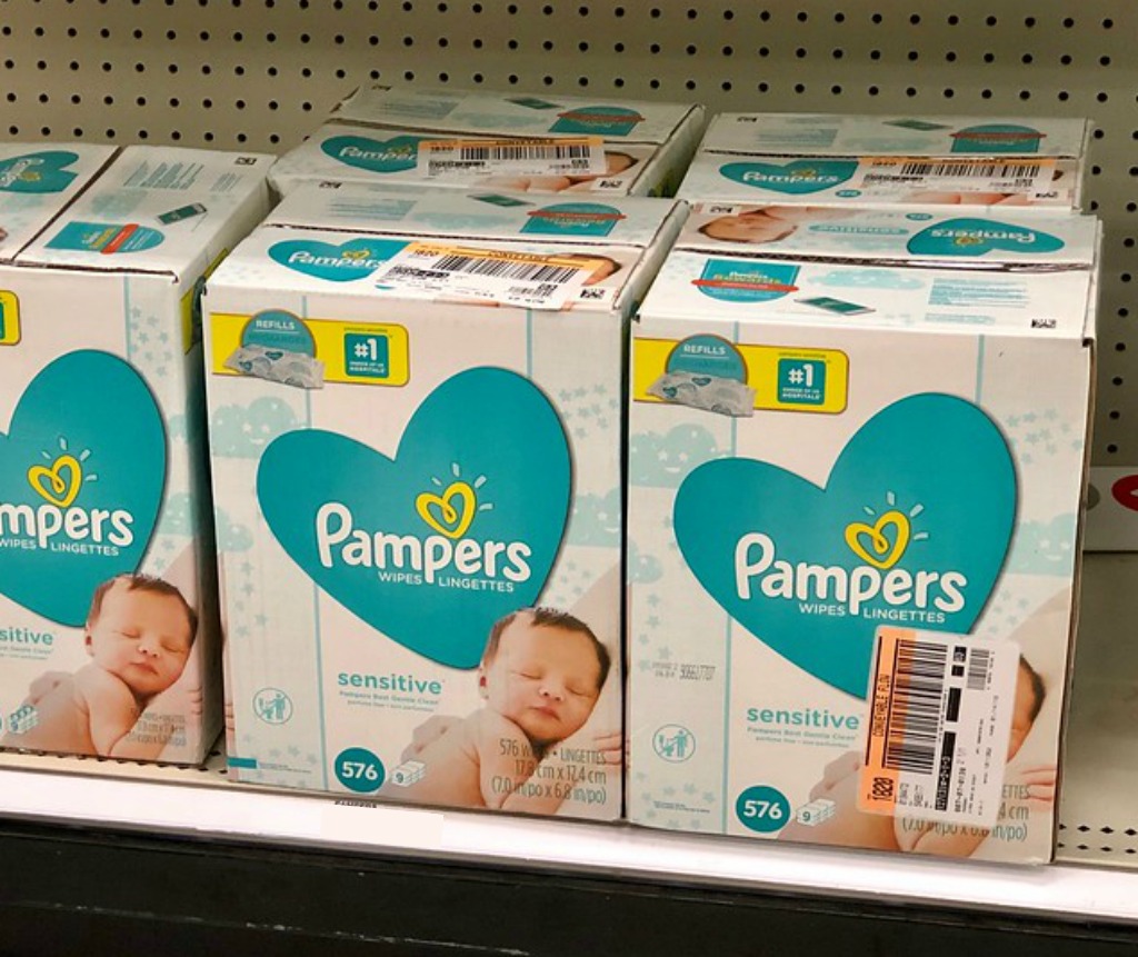 two 576-count boxes of Pampers Sensitive wipes on store shelf