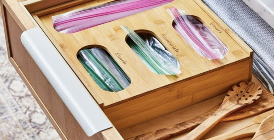 close up of wooden plastic baggie organizer in drawer