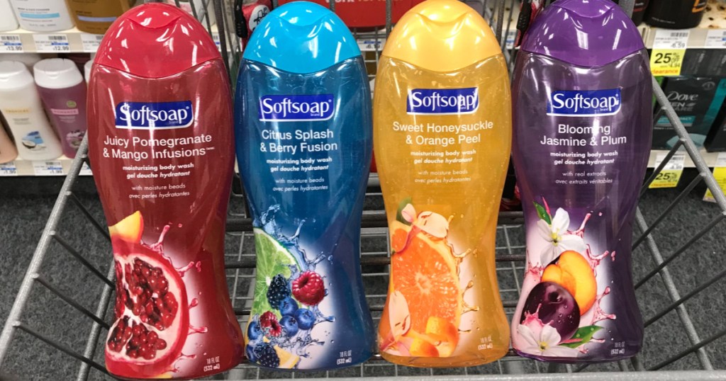 multiple bottles of softsoap body wash in cart at CVS
