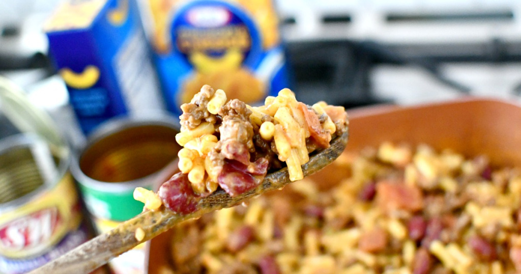 a spoonful of mac and cheese with taco meat