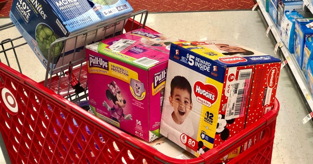 Target cart full of huggies diapers and pull-ups