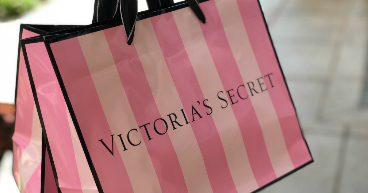 pink and white striped Victoria's Secret bag