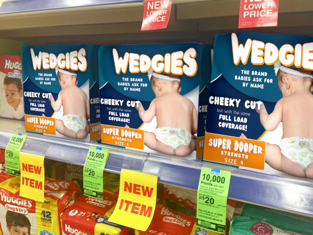 Wedgies diapers packages April Fools Joke 