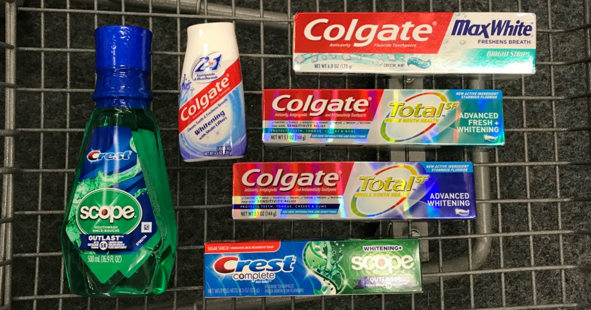 toothpaste and mouthwash in basket 