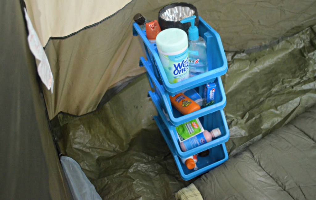 Dollar Tree stackable bins inside camping tent
