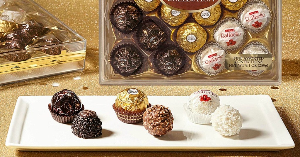 Ferrero Rocher chocolates gift box and candies on a plate